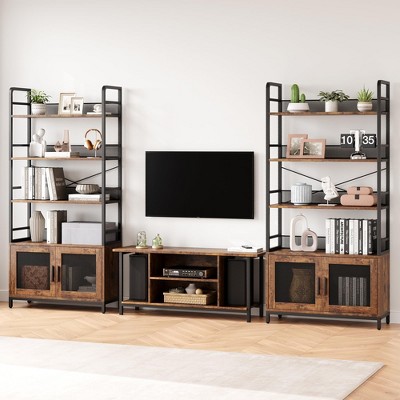 Bookshelf with Doors Industrial Bookcase with 4 Tiers Open Storage Shelf Rustic Bookshelves