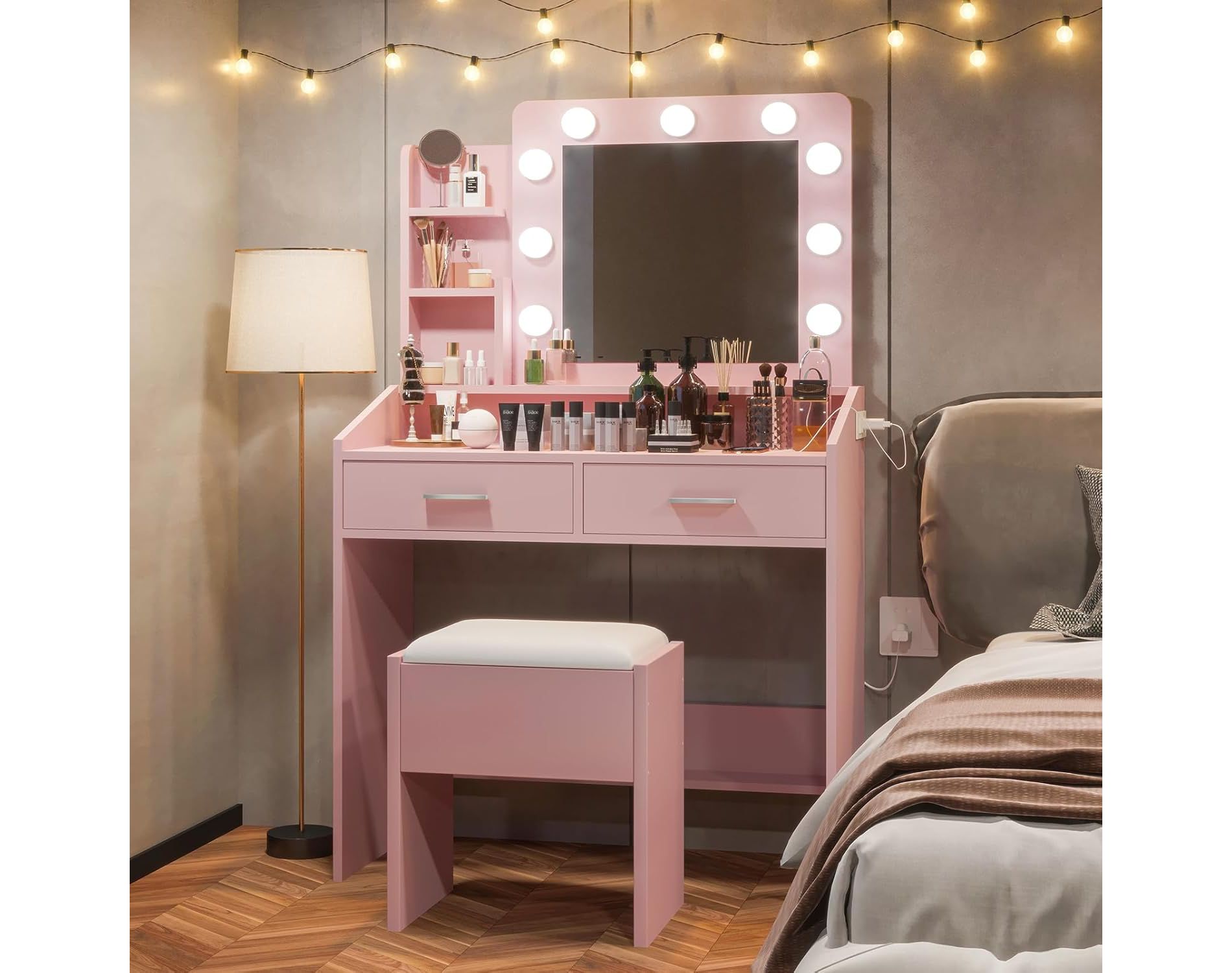 Vanity Desk with Mirror and Lights, Makeup Vanity with Power Outlet & Upholstered Stool, Wooden Dressing Table with Drawers for Bedroom