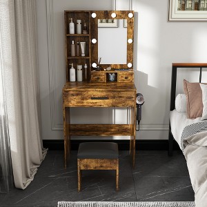 YONWAY Makeup Vanity Table Compact Dressing Desk with Mirror, Power Outlet, Hairdryer Holder and Stool for Small Bedrooms - 1 of 4
