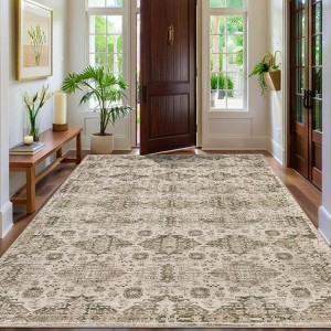 Washable Neutral Area Rug Boho Vintage Floral Retro Geometric Non Slip Low Pile Carpet for Living Room Bedroom - 1 of 4