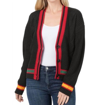 Women's Contrast Trim Cable Knit Cardigan - ZENANA