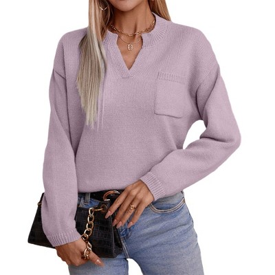 Women's Pullover Sweater V-Neck Long Sleeve Solid Color Knitted Sweater Soft Comfortable Casual Top