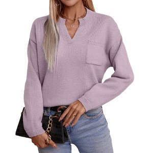 Women's Pullover Sweater V-Neck Long Sleeve Solid Color Knitted Sweater Soft Comfortable Casual Top - 1 of 4
