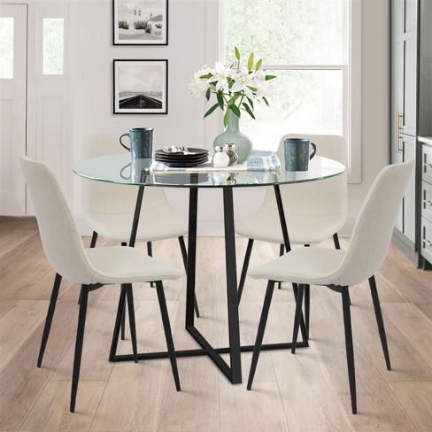 Glass dining table with best sale white chairs