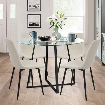Hana + Bingo 5-Piece Round Clear Glass Dining Table Set with 4 Upholstered Chairs Black Legs - The Pop Maison