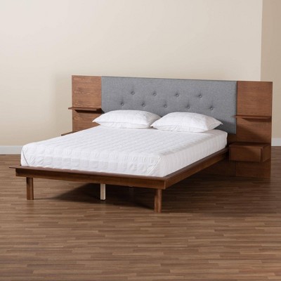 Gray and Walnut Queen Upholstered Wood Platform Storage Bed