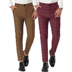Lars Amadeus Men's Plaid Printed Tapered Leg Flat Front Business Dress Pants 2 Packs - 1 of 4