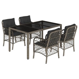 vidaXL 5 Piece Patio Dining Set - Gray PE Rattan & Cushions - Tempered Glass Table - UV Resistant - 59.1"x35.4"x29.5" - 1 of 4