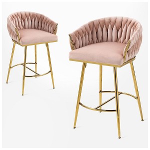 QingMoon Velvet Bar Stools, Hand Woven Counter Height Chairs Set of 2 with Wave Backrest and Adjustable Non-Slip Glides for Kitchen Island, Pub - 1 of 4