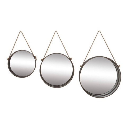 Set Of 3 Farmhouse Style Round Metal, Black Round Wall Mirror With Rope