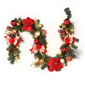 6 ft  Christmas Garland, Operated Xmas Garland with 20 s Ball Ornaments Ribbons Bows for Mantle Table Centerpiece Indoor Outdoor Home - 1 of 4