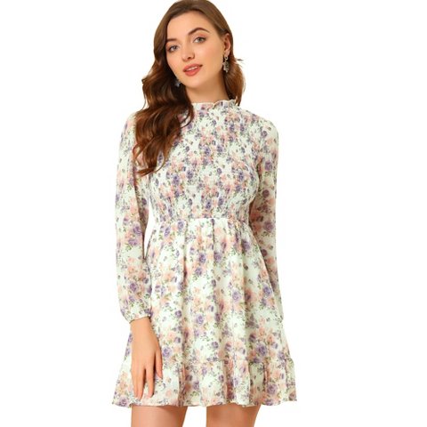 Женские платья INSPIRE CHIC Women's Mock Neck Long Sleeve Ruffle Hem Smocked Dress Beige Small