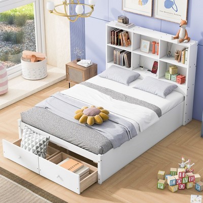 CAVINAS Full Size Platform Bed Modern Wooden Bed Frame with Storage Headboard, 2 Drawers and Ports for Bedroom