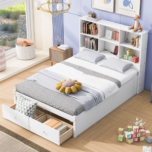PAGED Full Size Platform Bed Modern Pine Bed Frame with 2 Storage Drawers and L-Shaped Bookcases for Bedroom, Easy Assembly - 1 of 4