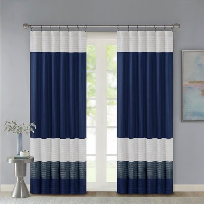 Navy and White Faux Silk Light-Filtering Drapes