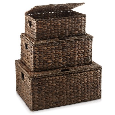 Set of 3 Brown Water Hyacinth Rectangular Storage Baskets with Lids