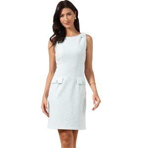 INSPIRE CHIC Women's Tweed Sleeveless Boat Neck Work Faux Pockets Office Sheath Mini Dress - 1 of 4