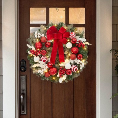 24" Lighted Christmas Wreath with Timer | Pre-Lit Xmas Wreath | 20 Lighted Bowknot Balls, Ornaments & Berries | Battery-Operated