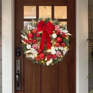 24" Lighted Christmas Wreath with Timer | Pre-Lit Xmas Wreath | 20 Lighted Bowknot Balls, Ornaments & Berries | Battery-Operated - 1 of 4