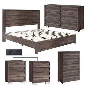AMERLIFE 5 Pieces Farmhouse Bedroom Sets, Bed Frame, 54" W 6 Drawer Dresser, 47'' H 5 Drawer Dresser, Nightstand Set of 2 - 1 of 4