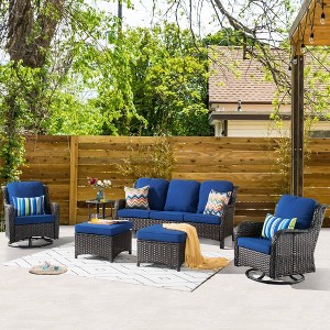 Ovios Orlando 6pc Brown Wicker Outdoor Patio Furniture Conversation Sofa Set with Swivel Chairs and Cushions - 1 of 4