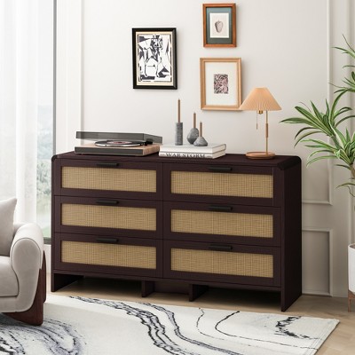 6 Drawers Dresser For Bedroom, 51'' Rattan Storage Dresser Organizer, Modern Arc-shaped Corner Wood Cabinet