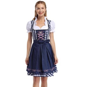 Traditional Dirndl  Dress Women's Square Neck Checkered Embroidery Short Sleeve Outfit - 1 of 4
