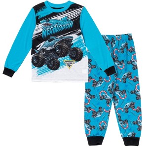 Monster Jam Trucks Grave Digger El Toro Loco Megalodon Pullover Pajama Shirt and Pajama Pants Sleep Set Toddler - 1 of 4