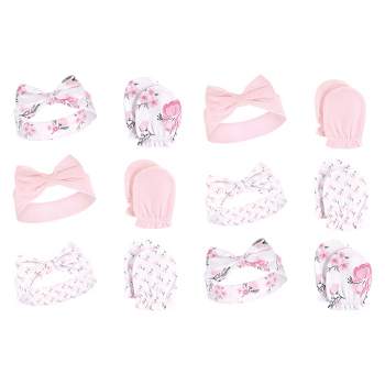 Hudson Baby Infant Girl 12Pc Headband and Scratch Mitten Set, Pink Floral, 0-6 Months