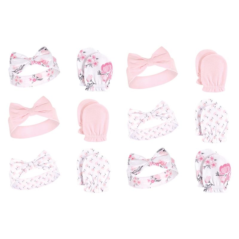 Hudson Baby Infant Girl 12Pc Headband and Scratch Mitten Set, Pink Floral, 0-6 Months, 1 of 3