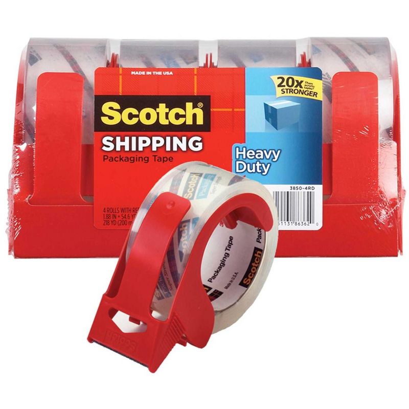 Scotch Heavy Duty Shipping Packaging Tape with Dispenser, 1.88 Inches x 54.6 Yards, Clear, Pack of 4, 1 of 4