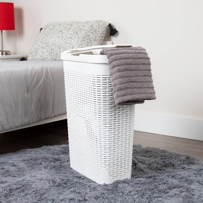 White Slim Rectangular Wicker Laundry Hamper with Lid