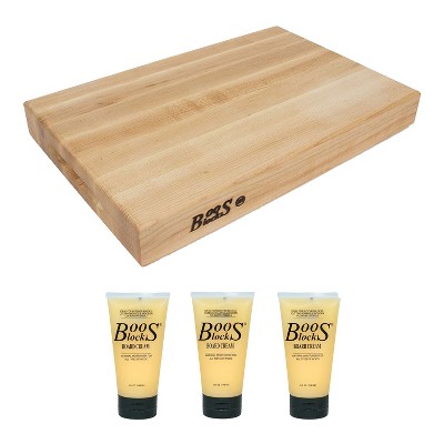 John Boos Maple Wood Wide Flat Edge Grain Cutting Board Block , 18 x 12 x 2.25 Inches and Wooden Butcher Board Natural Moisture Cream, 5 Oz (3 Pack)