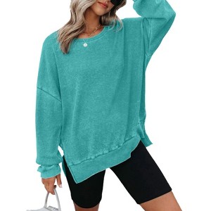 BLUEMING Sweatshirt for Women Oversized Waffle Knit Crewneck Sweatshirts Long Sleeve Side Slits Pullover Tops - 1 of 4