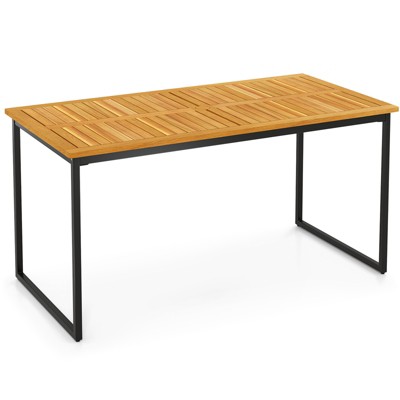 Tangkula 55” Patio Dining Table 6 People Acacia Wood Dining Table with Slatted Tabletop U-shaped Frame Adjustable Foot Pads