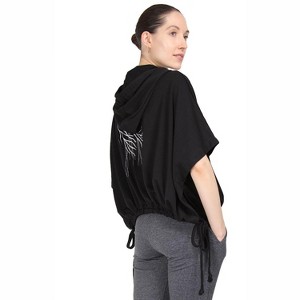Memoi Women's Hooded Cotton Blend Cape with Tie Detail and Embroidery Limo - 1 of 4