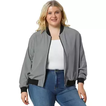 Agnes Orinda Women Plus Size Contrast Trim Zipper Pocket Lightweight Jacket Gray : Target