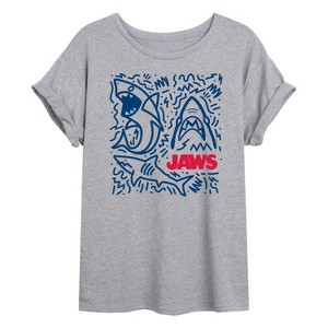 Women's - Jaws - Blue Shark Doodle with Red Logo Oversized Graphic T-Shirt - 1 of 4