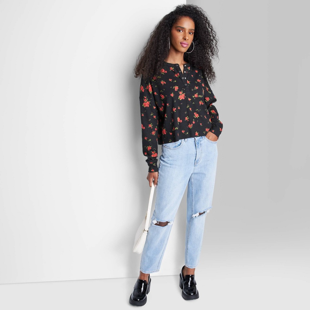 Women's Long Sleeve Henley T-Shirt - Wild Fable ? Black/Red Floral XXL (2 shirts)