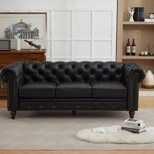 HYLEORY 84" Leather Chesterfield Sofas for Living Room, Rolled Arm 3-Seater Large Couch Deep Button Nailhead Tufted Couches for Office Apartment - 1 of 4