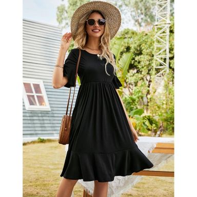 Womens Summer Dress Crew Neck Ruffle Sleeve Casual Flowy Midi Dress Black L : Target