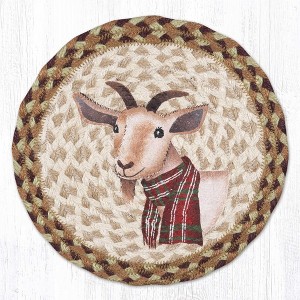 Earth Rugs Winter Goat Round Trivet – 10" Holiday Farm Animal Print on Braided Natural Jute Table Mat - 1 of 3