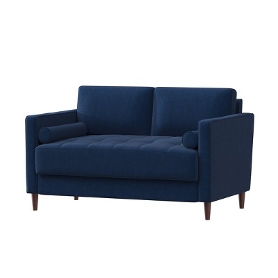 Navy Blue Tufted Microfiber Loveseat with Wood Legs