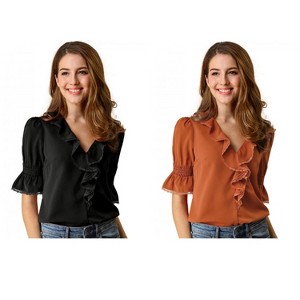 Allegra K Women's Ruffle V Neck Puff Sleeve Summer Casual Chiffon Peasant Top 2 Packs - 1 of 4