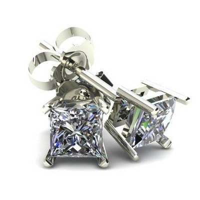 Pompeii3 .66Ct Square Princess Cut Natural Diamond Stud Earrings in 14K Gold Basket Setting