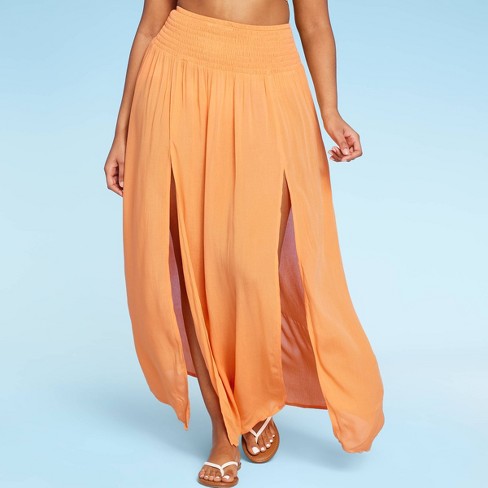 Women's Smocked Waist Double Slit Maxi Skirt Cover Up Dress - Kona Sol™  Orange S