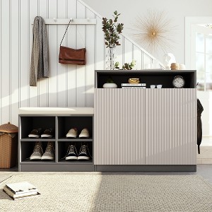 Gulches Livingroom Entryway Cabinet with Shoe Bench 4 Open Racks Adjustable Shelves Hooks Removable Cushion Wavy Slatted Door Beige and Gray - 1 of 4