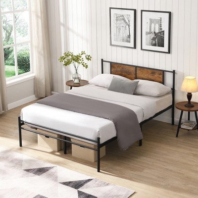 ALEXOUN Metal Bed Frame Heavy Duty Platform Bed,with Wooden Headboard & 12 inch Under Bed Storage,Black Metal Frame,No Box Spring Needed