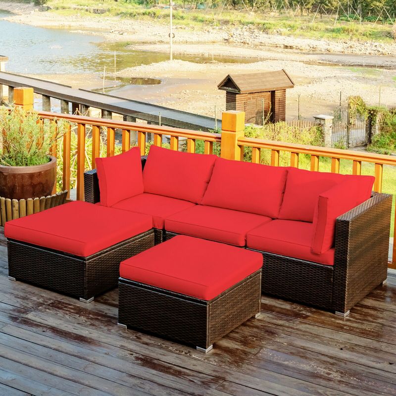 Costway 5PCS Patio Rattan Furniture Set Sectional Conversation Set Ottoman Table Red, 1 of 11