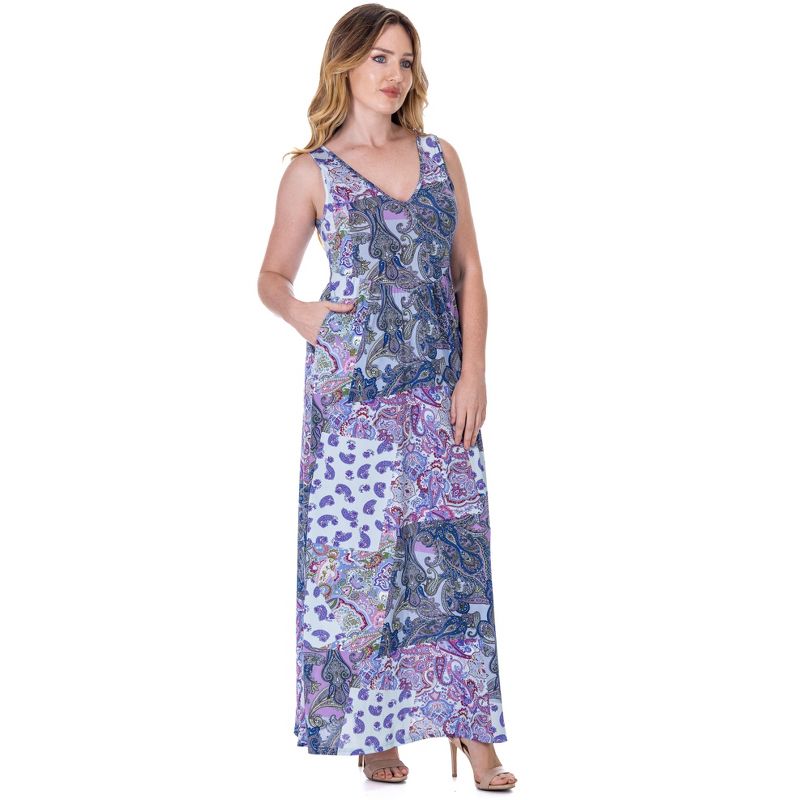 24seven Comfort Apparel Purple Paisley Sleeveless V Neck Maxi Dress With Pockets, 2 of 9